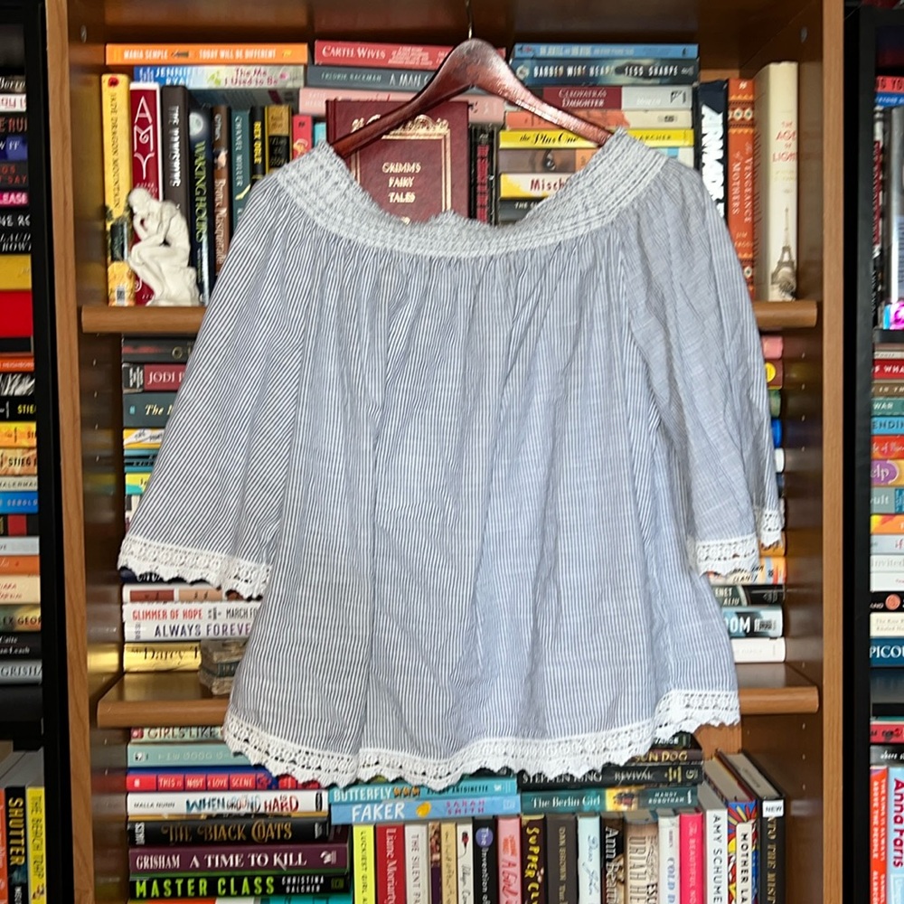 Super Cute blue white striped with off the shoulder w/ elastic neckline
